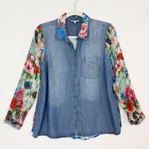John Mark Women's Mixed Media Chambray & Floral Button Front Top Size PM